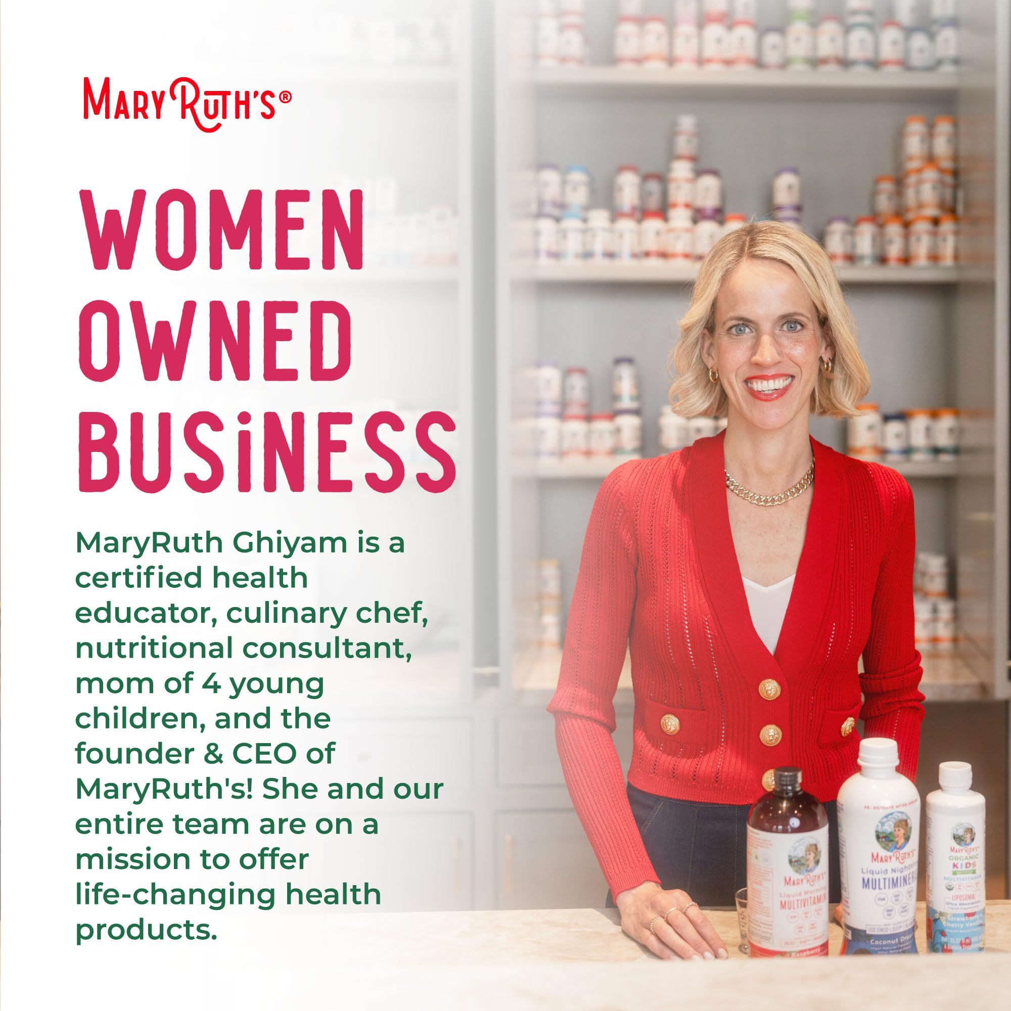 MaryRuth's liquid multivitamin for hair growth displayed with MaryRuth Ghiya in a women-owned business setting