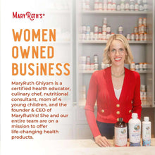 MaryRuth's liquid multivitamin bottles on display beside the founder in red