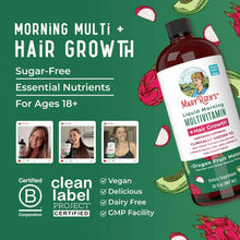 Liquid multivitamin + hair growth bottle with green panel and sugar-free label