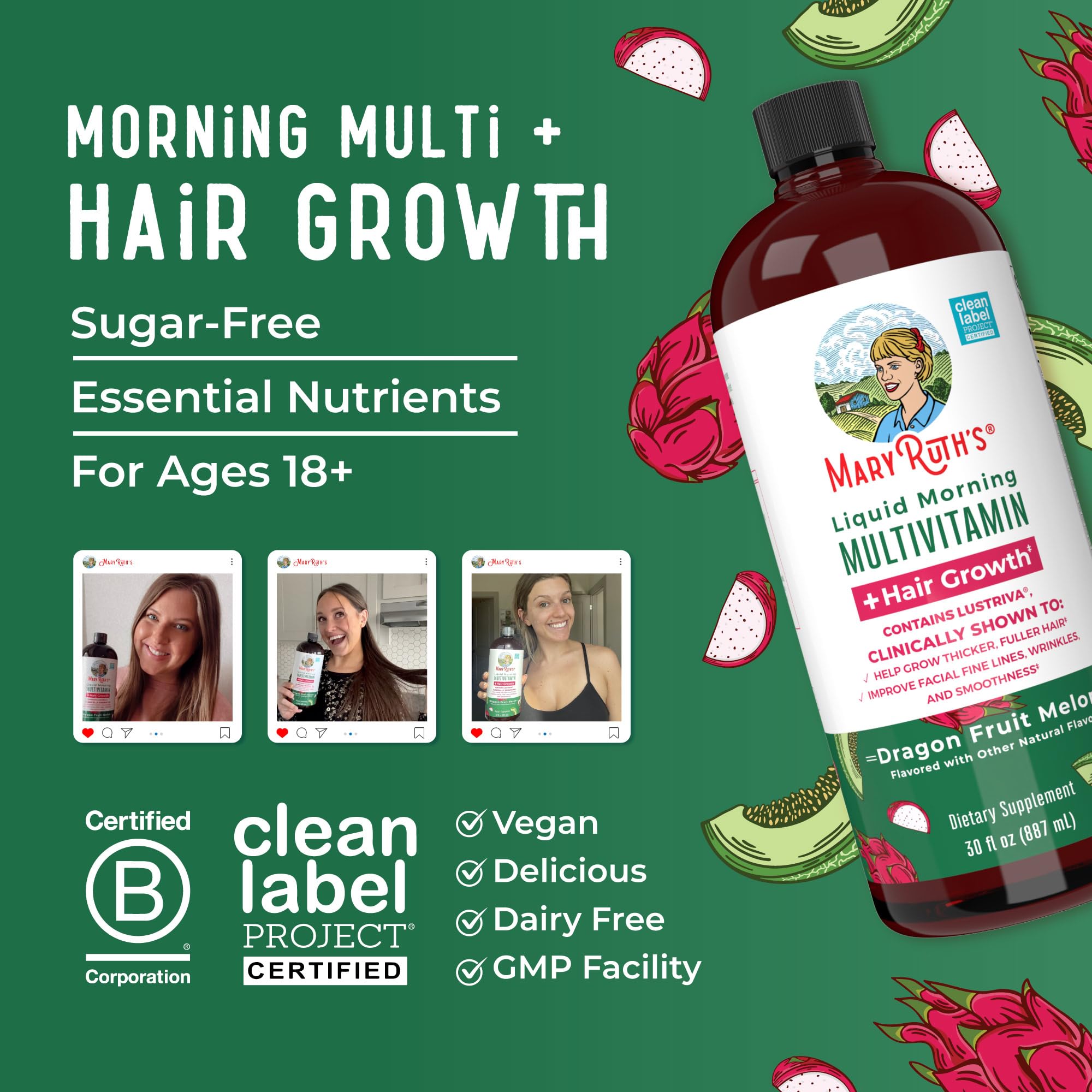 MaryRuth's liquid multivitamin for hair growth in a sugar-free formula with essential nutrients