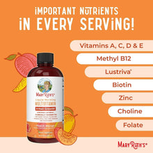 Liquid multivitamin bottle beside an ingredient panel listing vitamins A, C, D, E