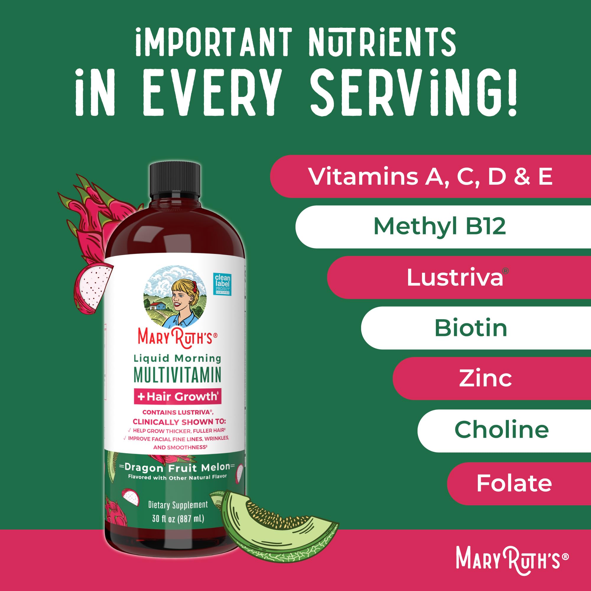 MaryRuth's liquid multivitamin for hair growth in Dragon Fruit Melon flavor with essential nutrients