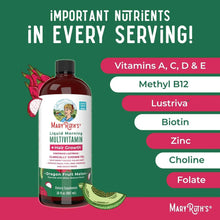 Liquid multivitamin bottle with ingredient list panel and vitamin selections