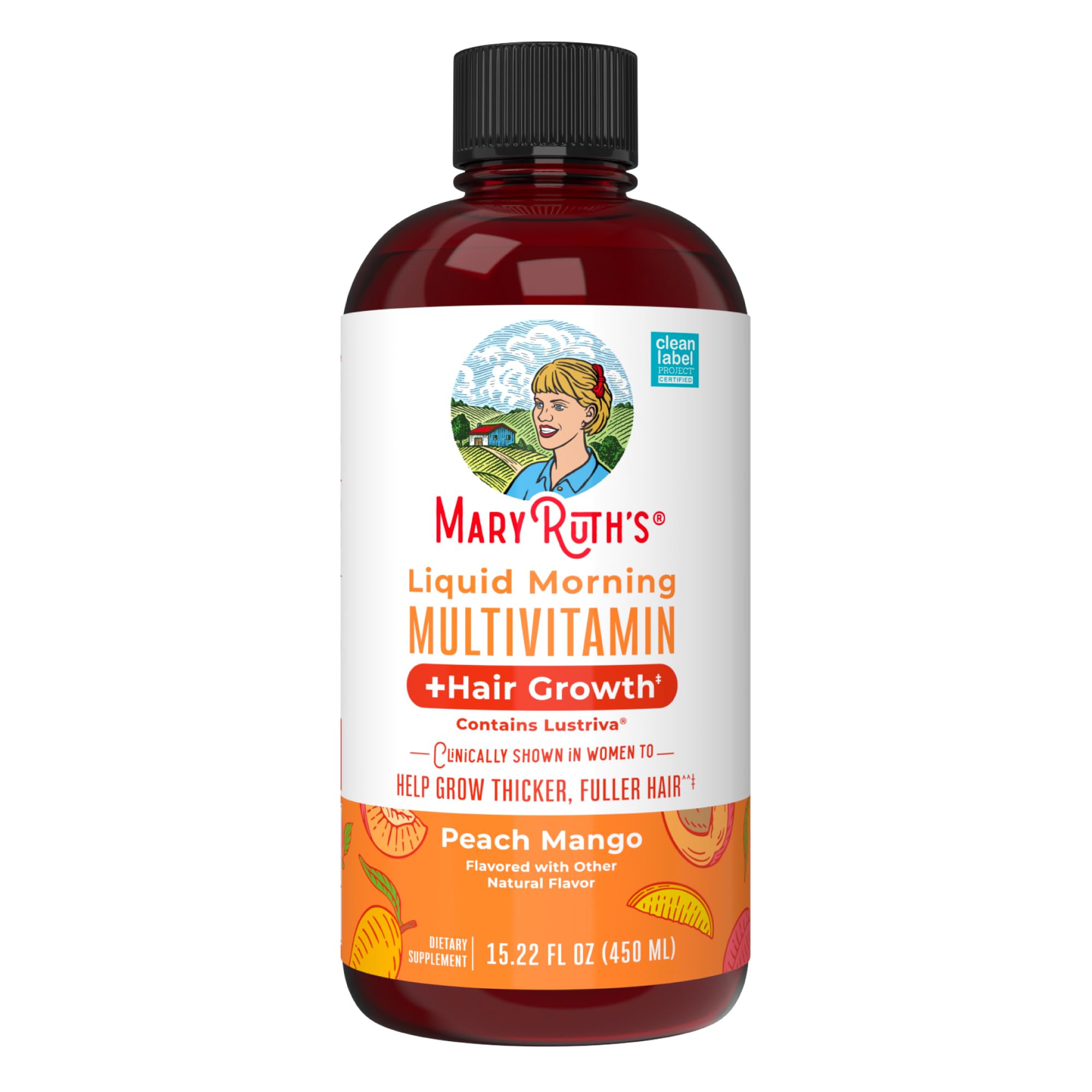 MaryRuth Organics Liquid Multivitamin for Hair Growth in Peach Mango Flavor for Thicker, Fuller Hair