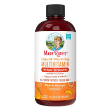 Liquid multivitamin bottle, dark amber with black cap and Peach Mango label