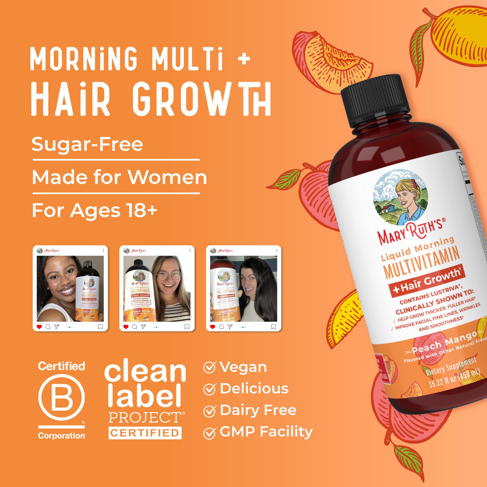 MaryRuth Organics Liquid Multivitamin for Hair Growth in Peach Mango Flavor, sugar-free and vegan