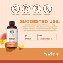Liquid multivitamin bottle with suggested use chart and non-GMO, sugar-free icons