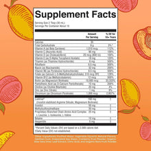 Supplement Facts nutrition table with liquid multivitamin bottle partially visible