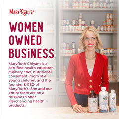 MaryRuth Organics woman owner at counter with supplement bottles and shelves showing liquid multivitamin for women men and kids