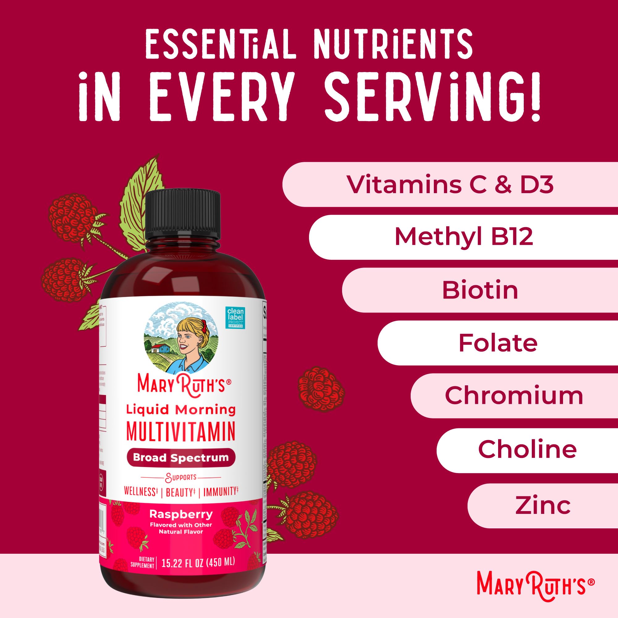 MaryRuth Raspberry Liquid Morning Multivitamin bottle showing label and nutrient list liquid multivitamin for women men and kids