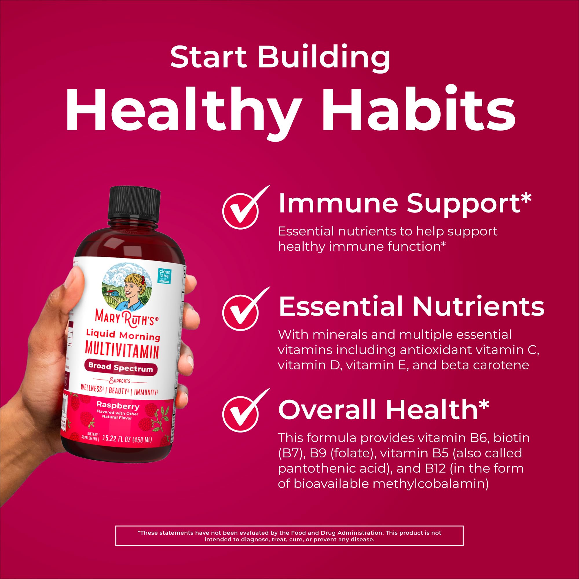 MaryRuth Organics Raspberry Morning bottle on pink background liquid multivitamin for women men and kids
