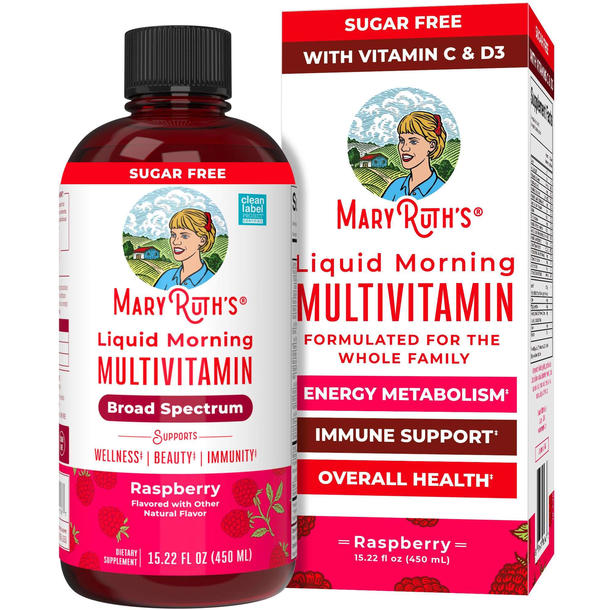 MaryRuth Organics Liquid Morning raspberry multivitamin bottle and box label for liquid multivitamin for women men and kids