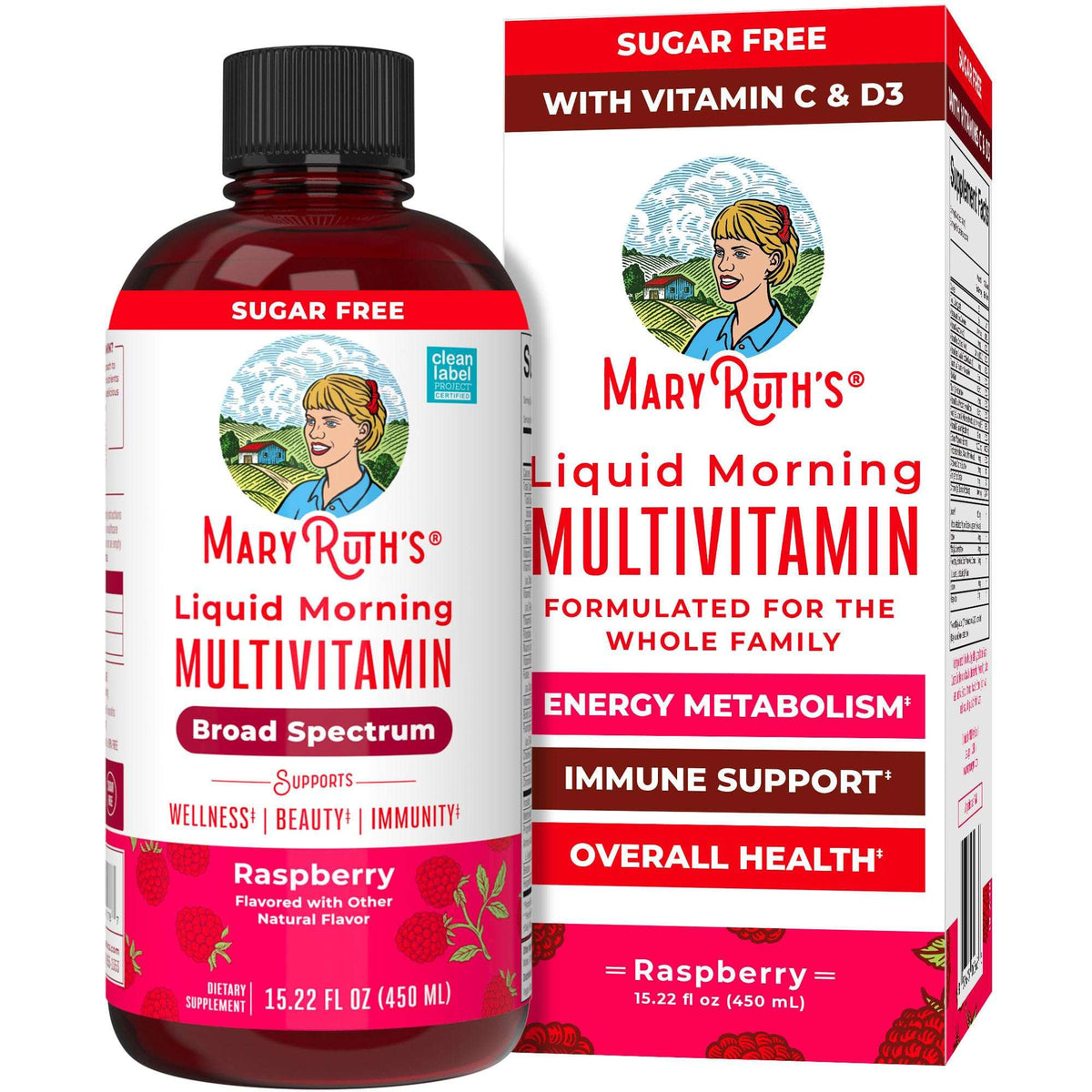 MaryRuth Organics Liquid Morning raspberry multivitamin bottle and box label for liquid multivitamin for women men and kids