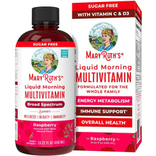 MaryRuth's liquid morning multivitamin bottle and retail box, raspberry, sugar-free