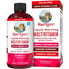 MaryRuth Organics Liquid Morning raspberry multivitamin bottle and box label for liquid multivitamin for women men and kids