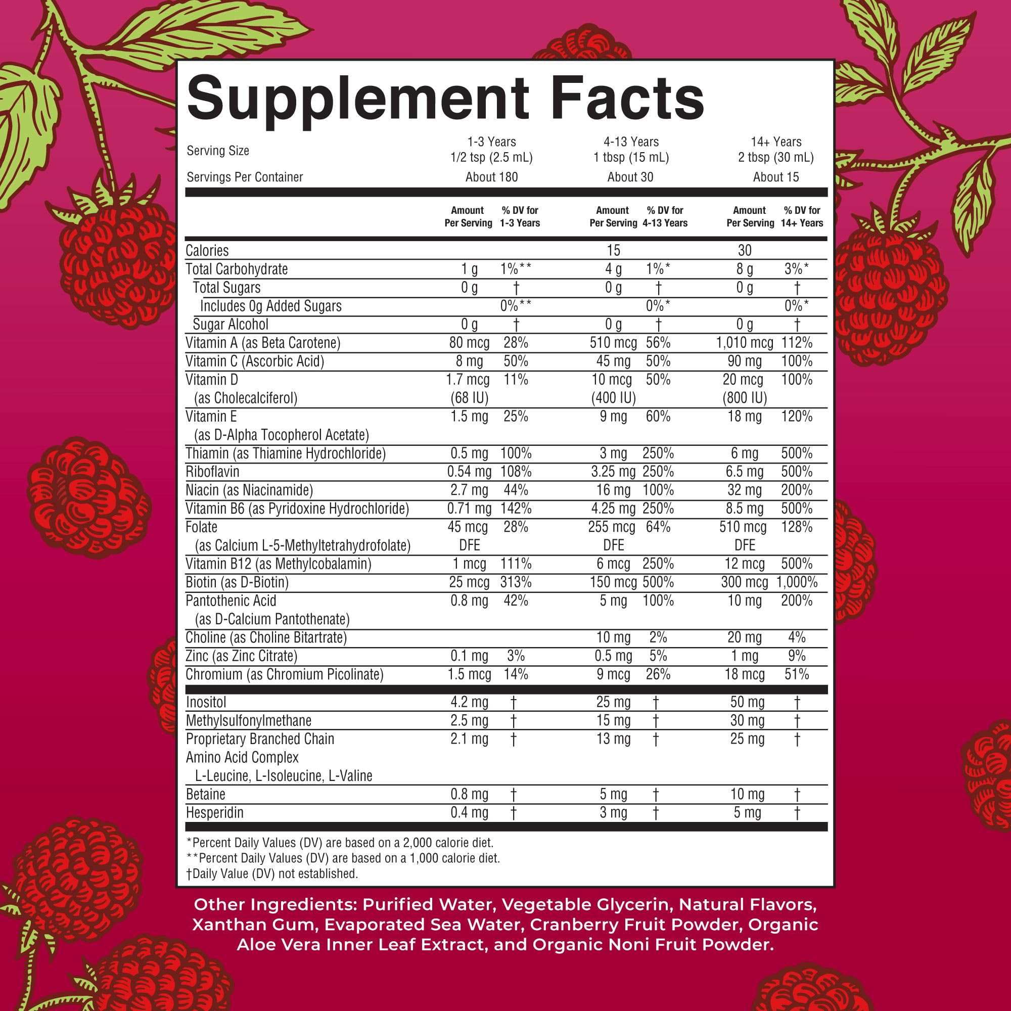 MaryRuth Organics supplement facts label for liquid multivitamin for women men and kids showing nutrients and ingredients