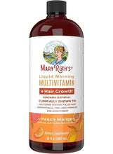 Dark amber liquid multivitamin bottle with black cap, Peach Mango label
