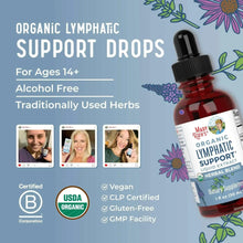Organic lymphatic support drops bottle with alcohol-free, vegan, and certification icons