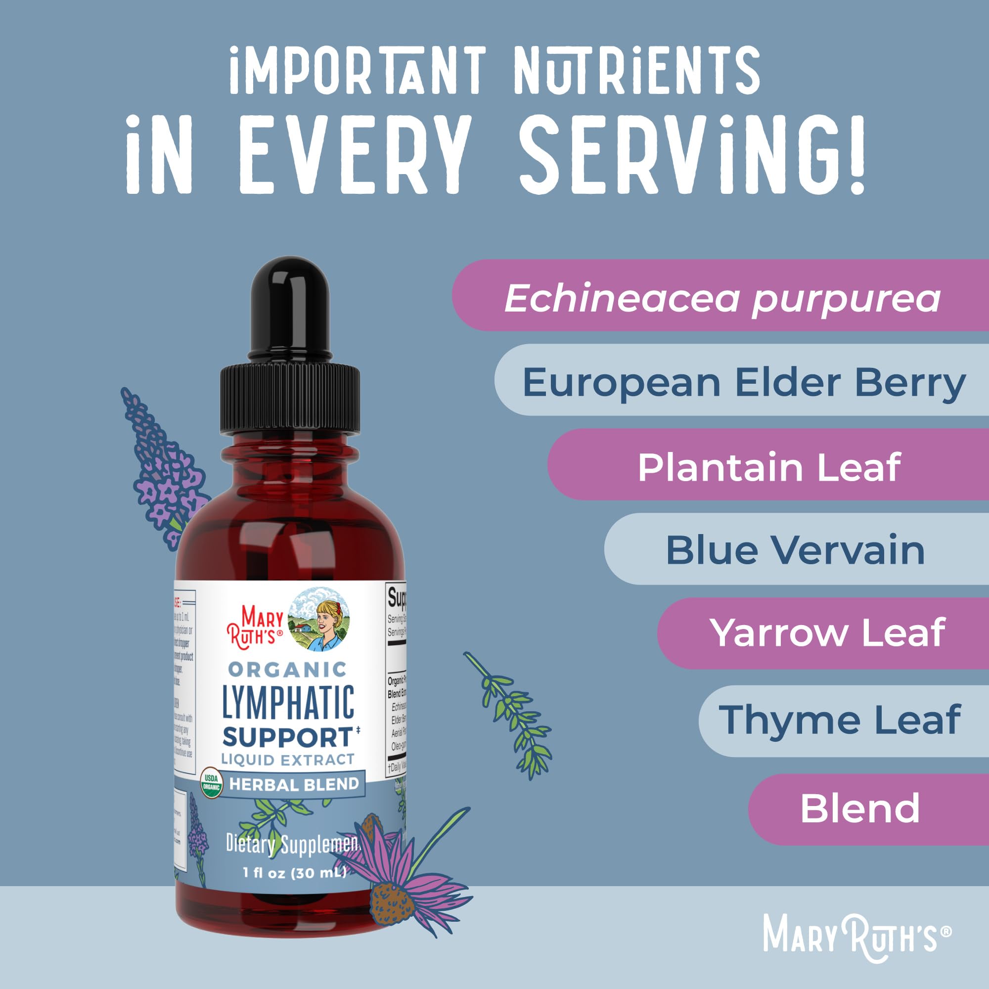 MaryRuth Organics lymphatic support drops bottle with label showing herbal blend and ingredient list