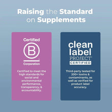 Certified B Corporation and Clean Label Project certified cards for supplements