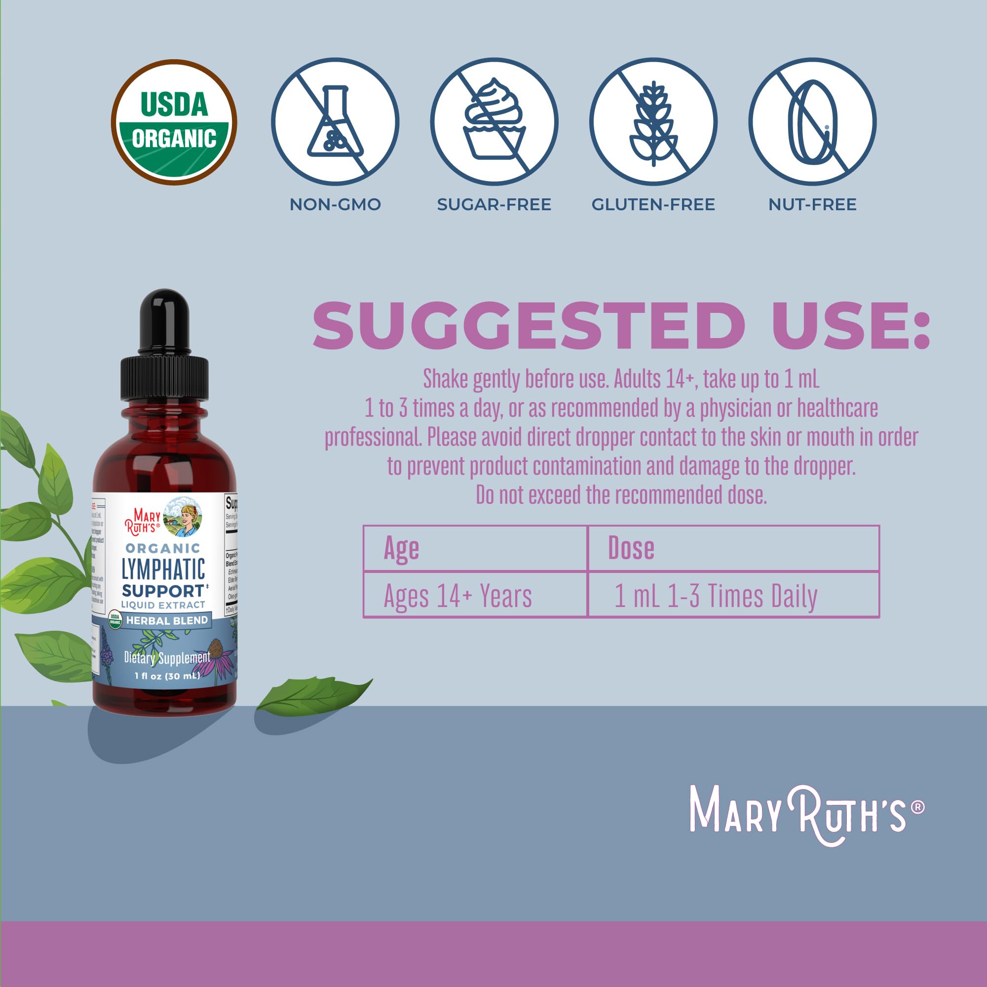 MaryRuth Organics lymphatic support drops bottle with suggested use instructions and USDA Organic icons