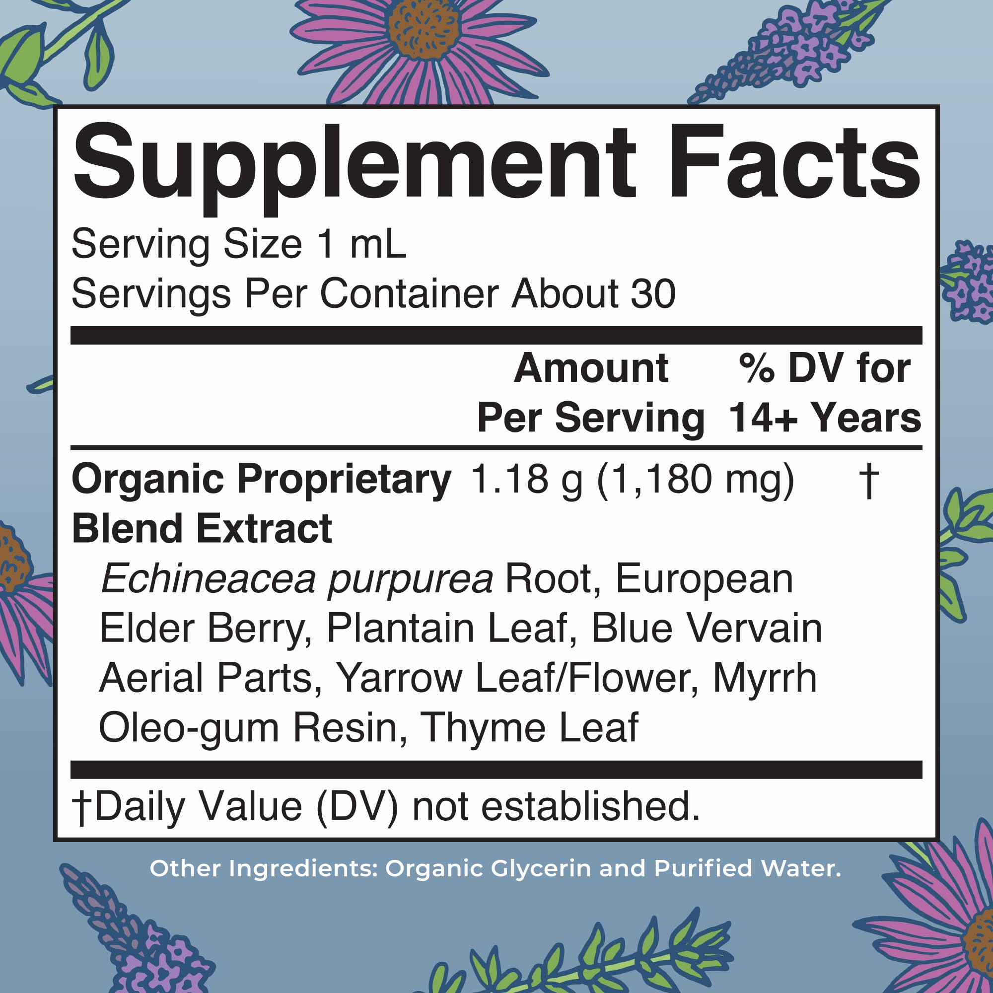 MaryRuth Organics supplement facts label listing organic proprietary blend ingredients for lymphatic support drops