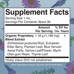 MaryRuth Organics supplement facts label listing organic proprietary blend ingredients for lymphatic support drops