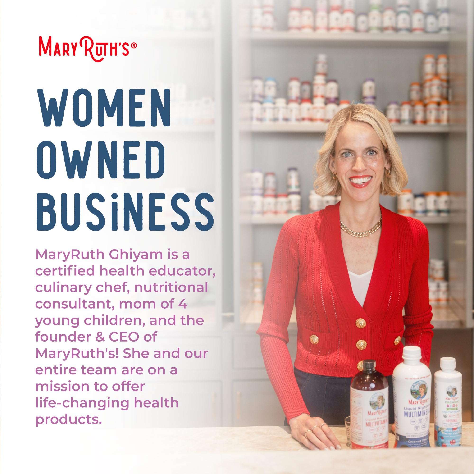 Female founder in red sweater with MaryRuth Organics supplement bottles and women owned sign lymphatic support drops visible