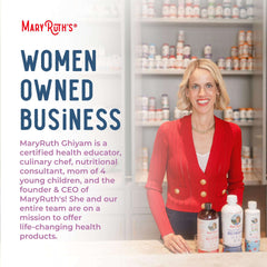 Female founder in red sweater with MaryRuth Organics supplement bottles and women owned sign lymphatic support drops visible