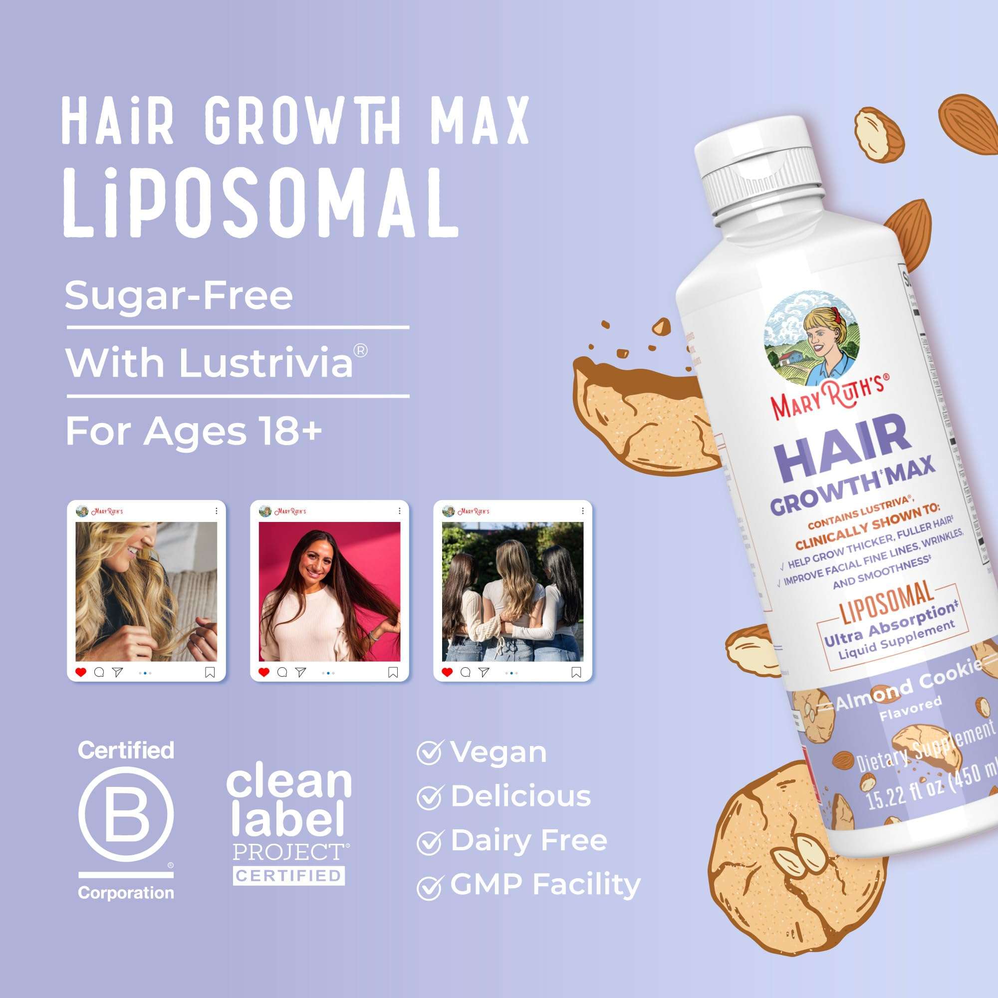 MaryRuth Organics Hair Growth Max Liposomal for women with almond cookie flavor, vegan and sugar-free hair growth supplement