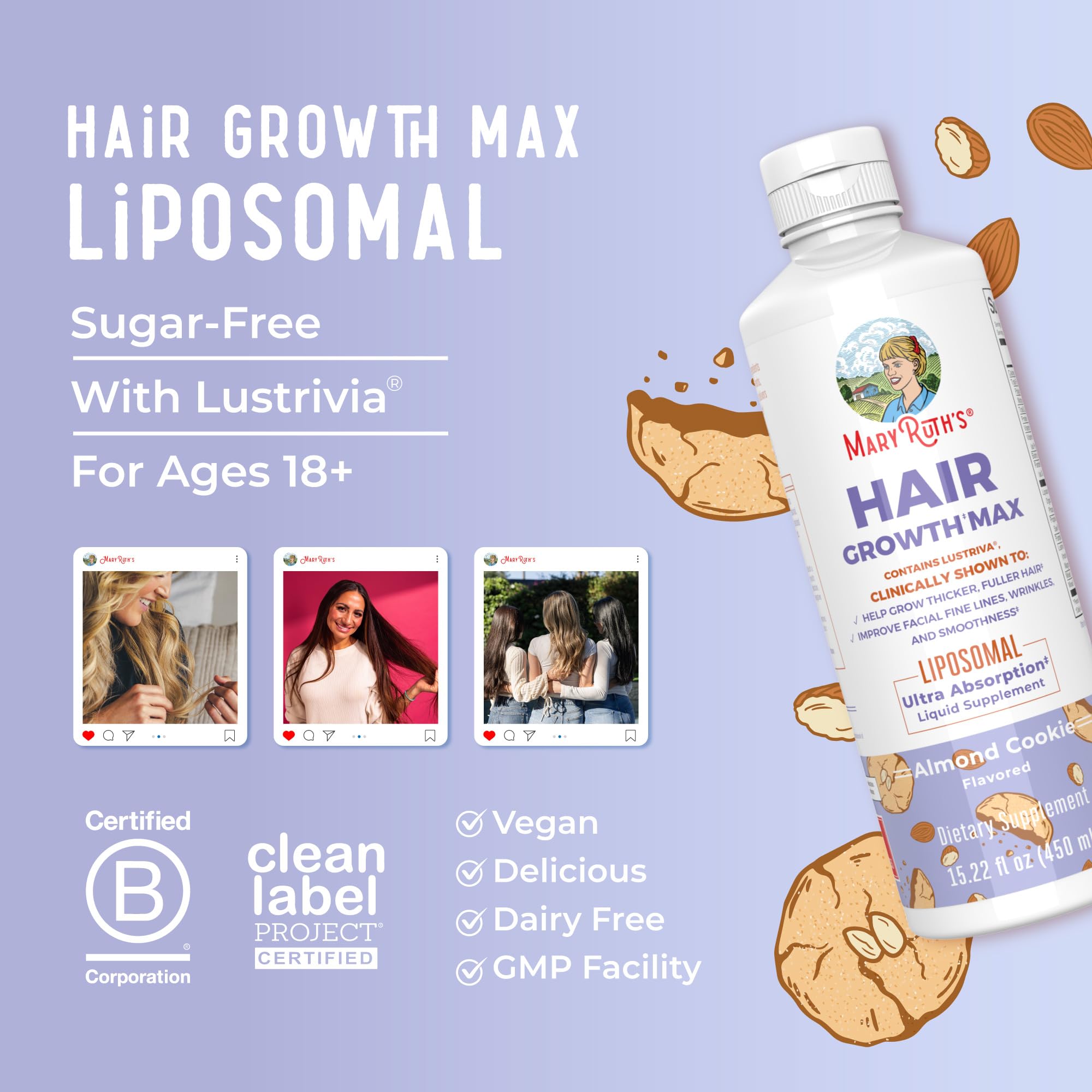 MaryRuth Organics Hair Growth Max Liposomal for women with almond cookie flavor, vegan and sugar-free hair growth supplement