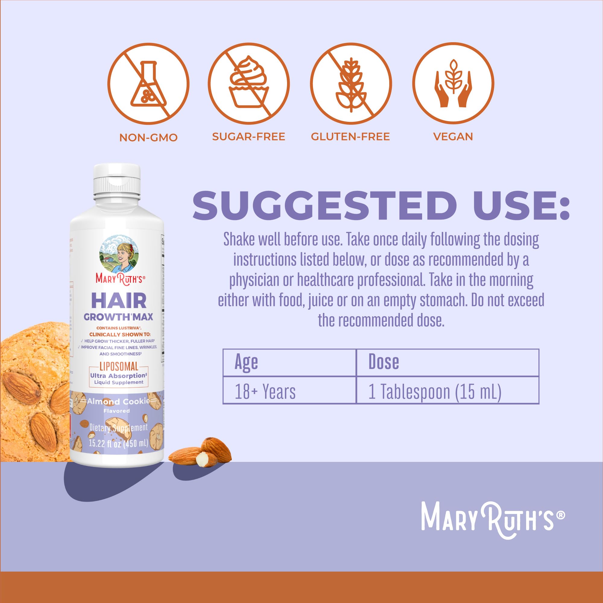 MaryRuth Organics Hair Growth Max women's hair growth supplement in Almond Cookie flavor with usage instructions.
