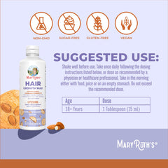 MaryRuth Organics Hair Growth Max women's hair growth supplement in Almond Cookie flavor with usage instructions.