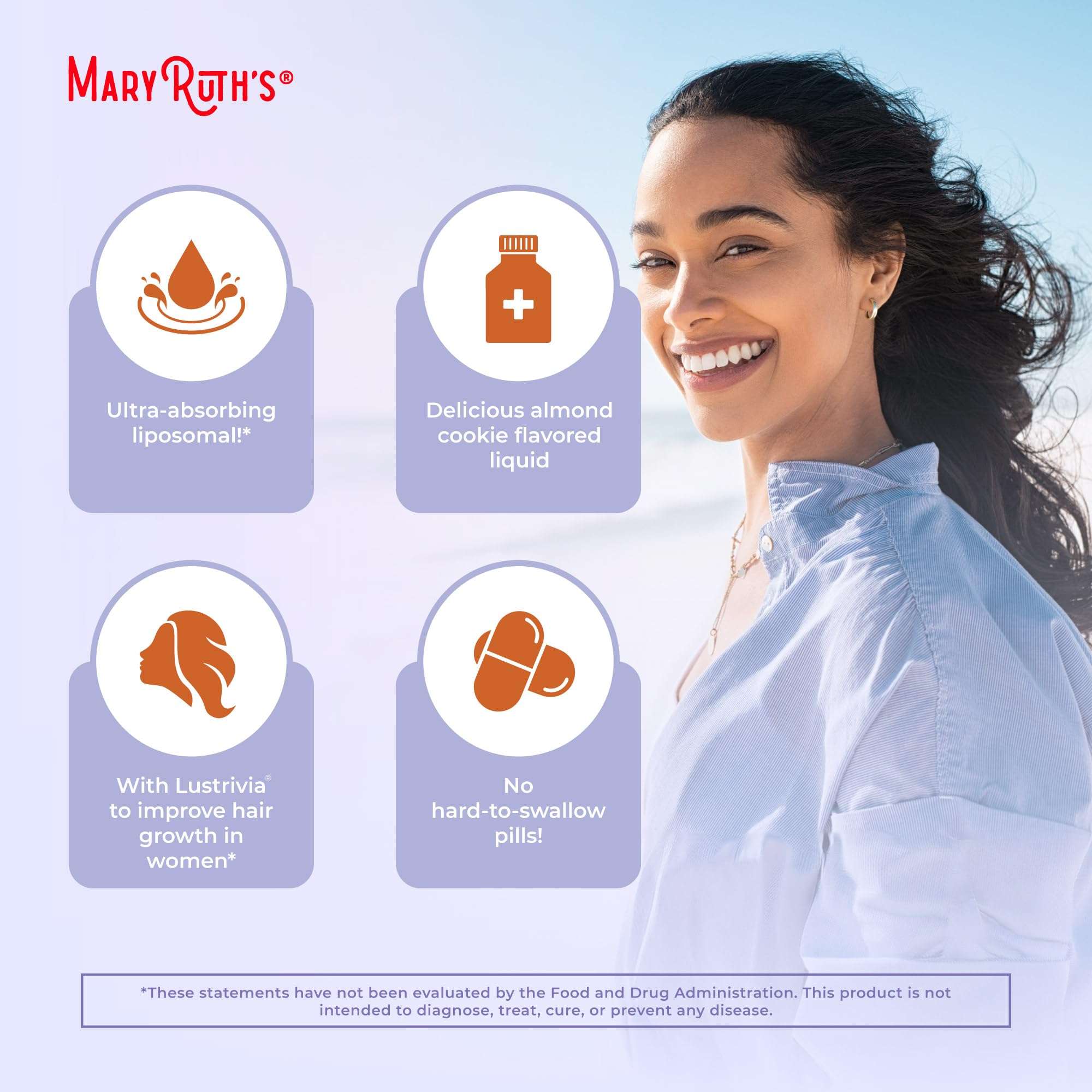 MaryRuth Organics women's hair growth supplement in almond cookie flavor for easy absorption and convenience