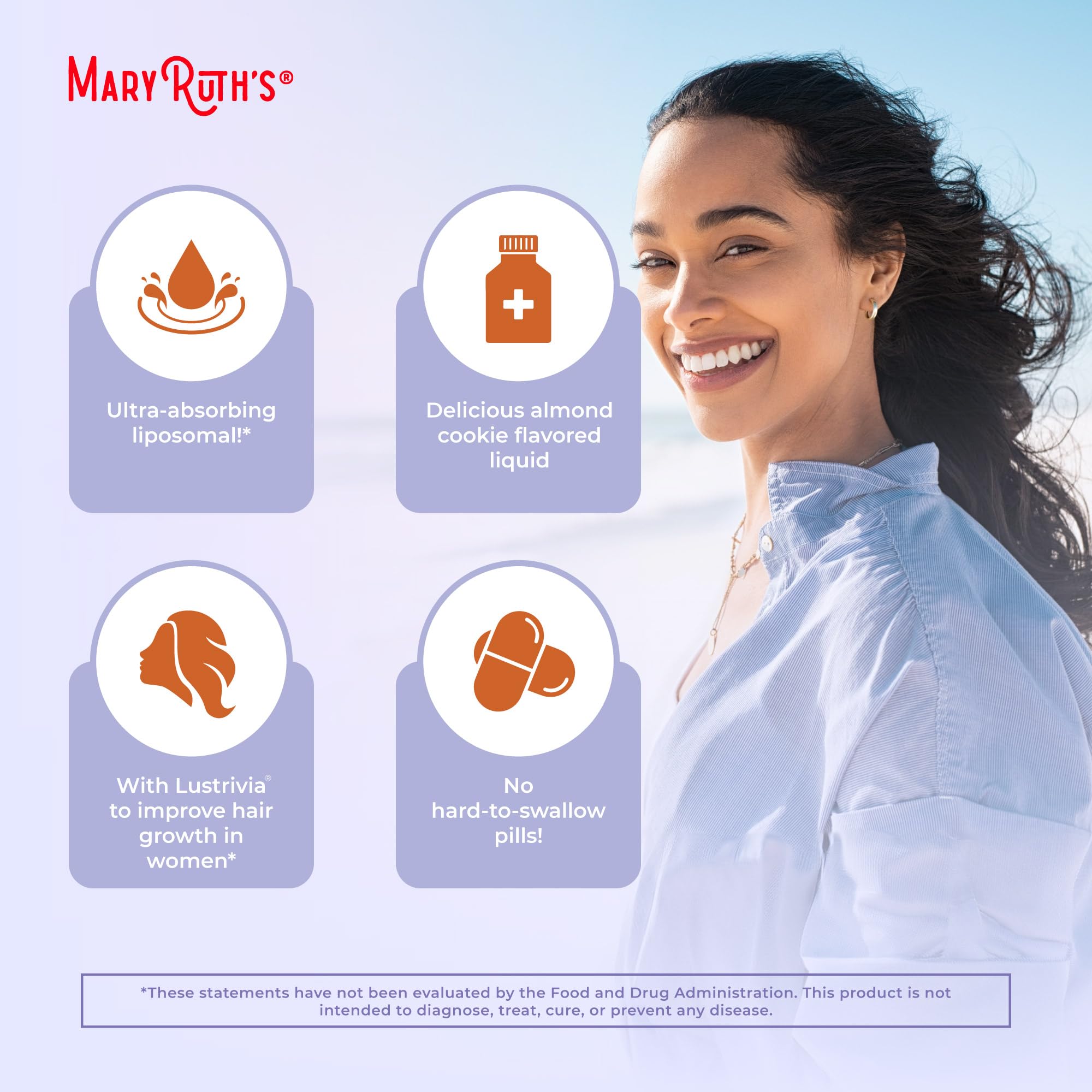 MaryRuth Organics women's hair growth supplement in almond cookie flavor for easy absorption and convenience