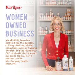 MaryRuth Organics founder promoting women's hair growth supplement with health products in a bright setting
