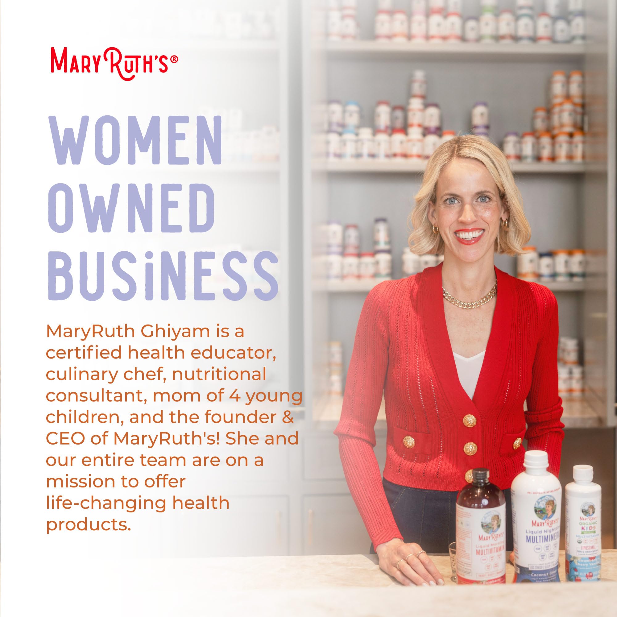 MaryRuth Organics founder promoting women's hair growth supplement with health products in a bright setting