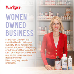 MaryRuth Organics founder promoting women's hair growth supplement with health products in a bright setting
