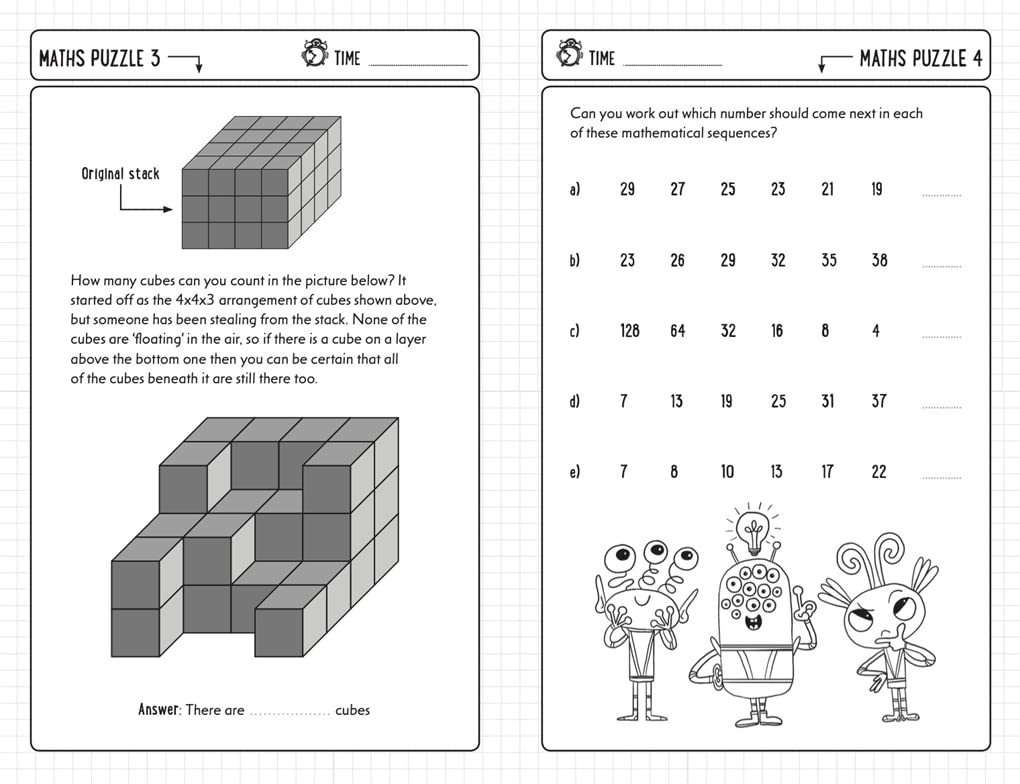Maths games for clever kids featuring cube counting puzzle and number sequence challenge with fun characters
