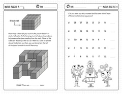 Maths games for clever kids featuring cube counting puzzle and number sequence challenge with fun characters