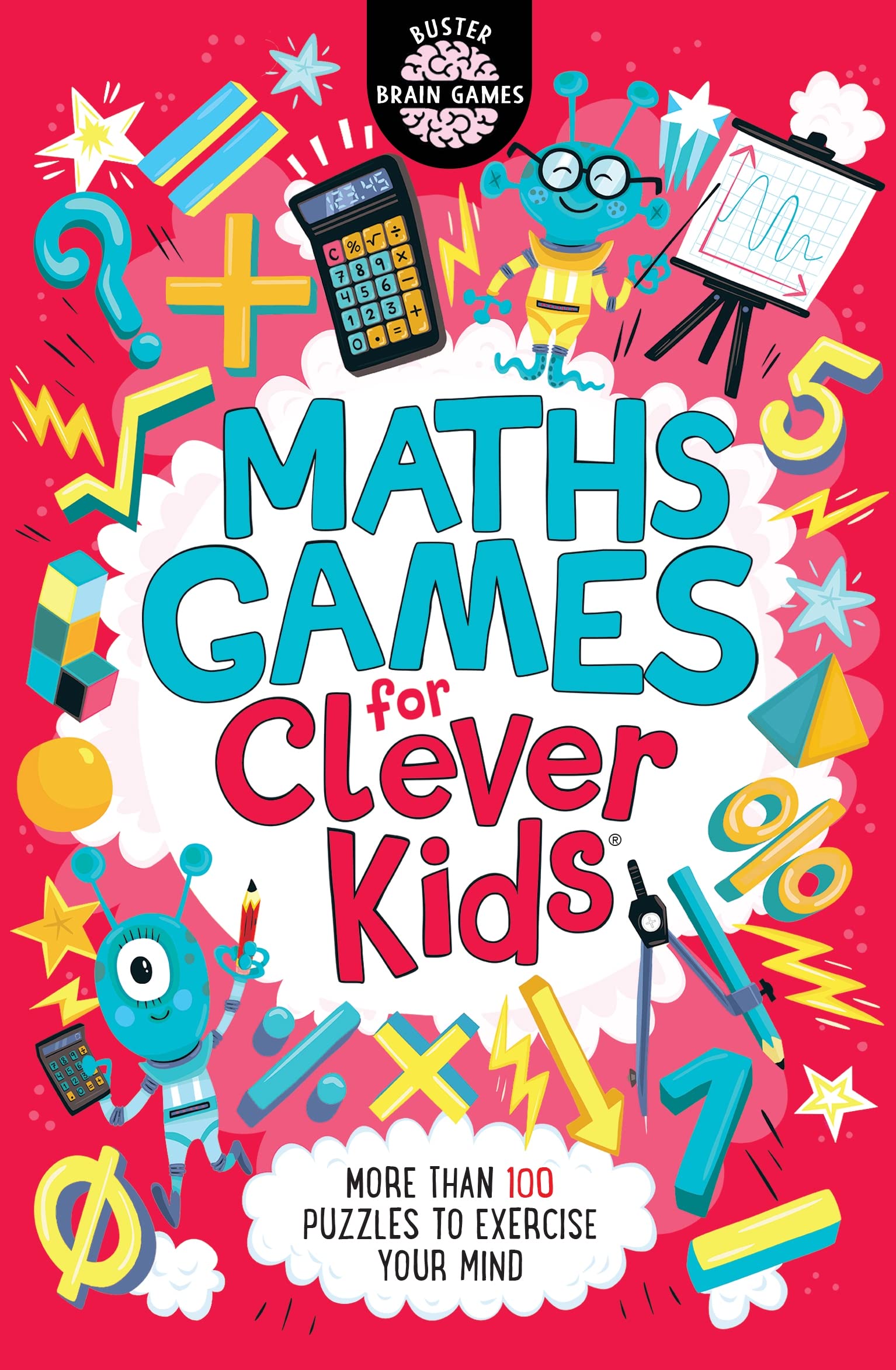 Maths games for clever kids book cover with colorful numbers robots and math symbols