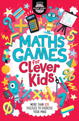 Maths games for clever kids book cover with colorful numbers robots and math symbols