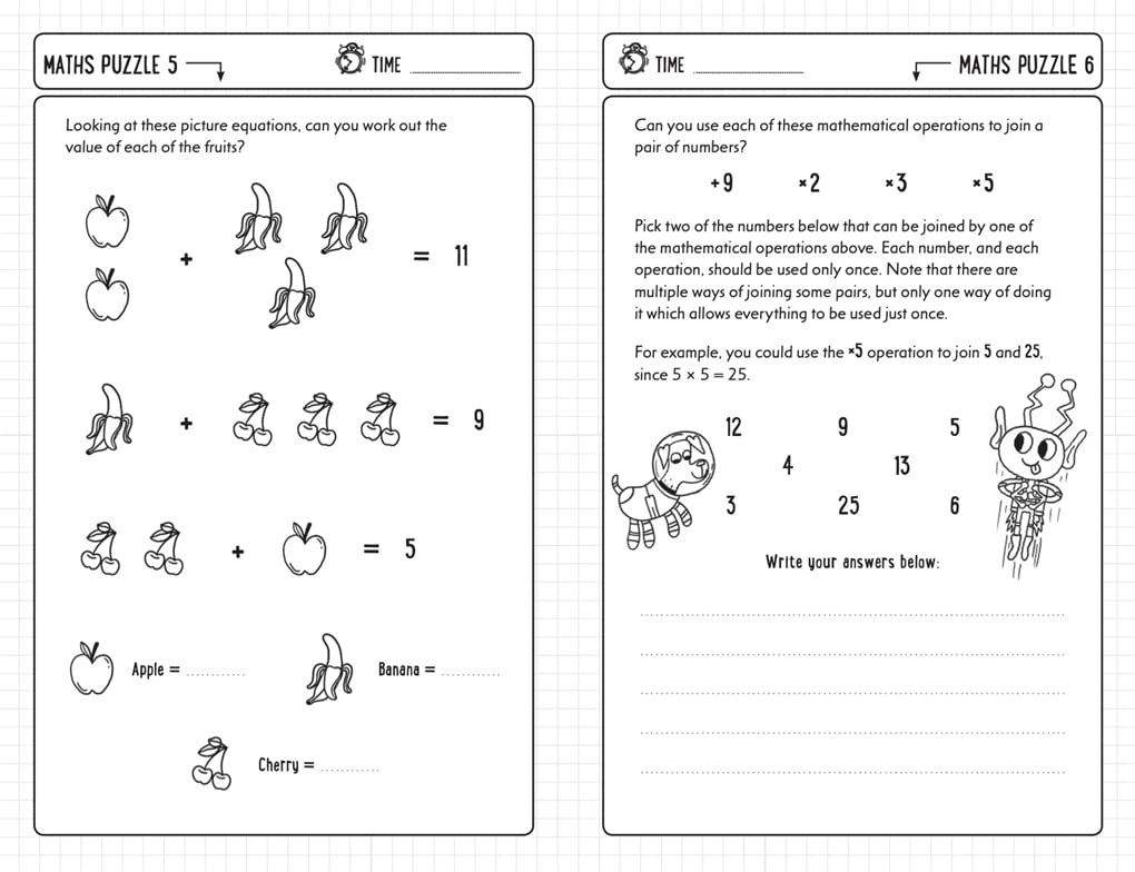 Maths puzzle worksheets with fruit equations and number operations for maths games for clever kids