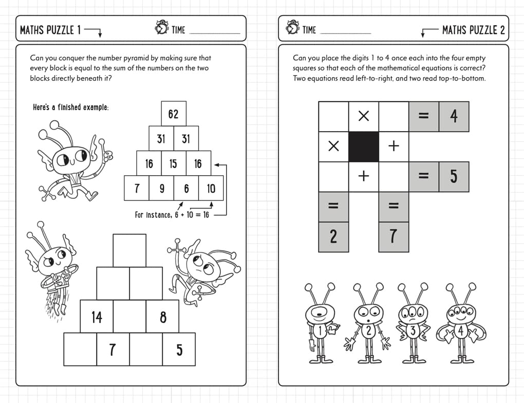 Black and white printable maths games for clever kids featuring number pyramid and digit placement puzzles