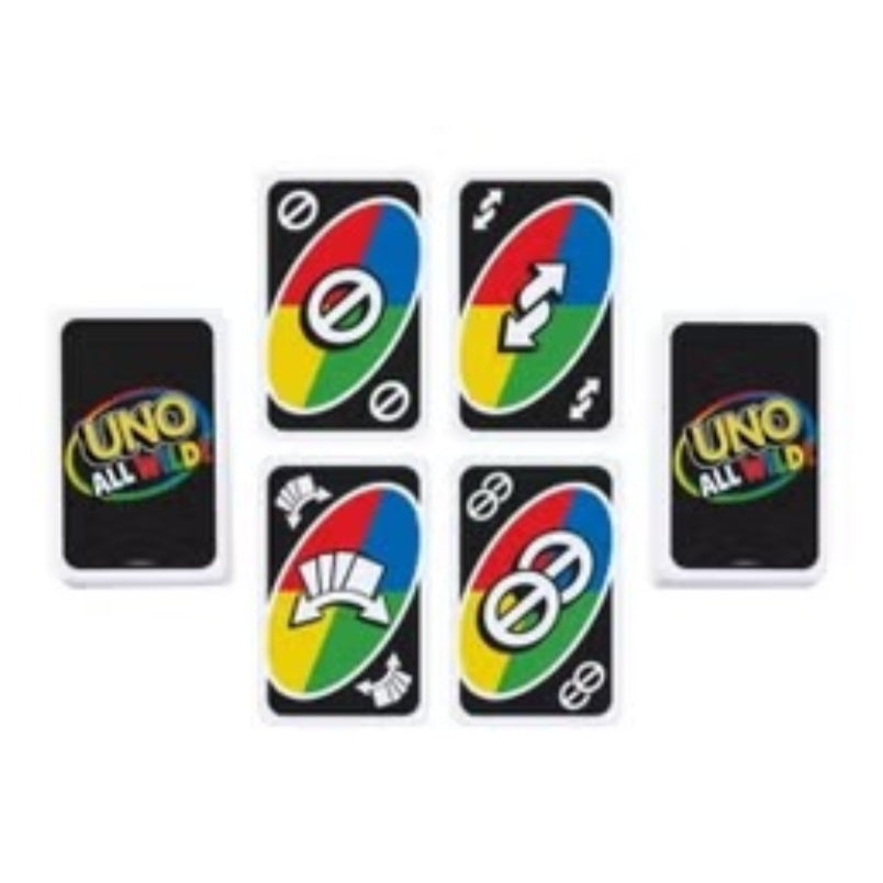 Huitich UNO All Wild card game featuring colorful wild cards with black background and vibrant red, blue, green, yellow sections