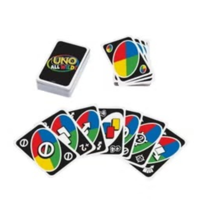 UNO All Wild card game by Huitich showing colorful wild and number cards spread out with card deck