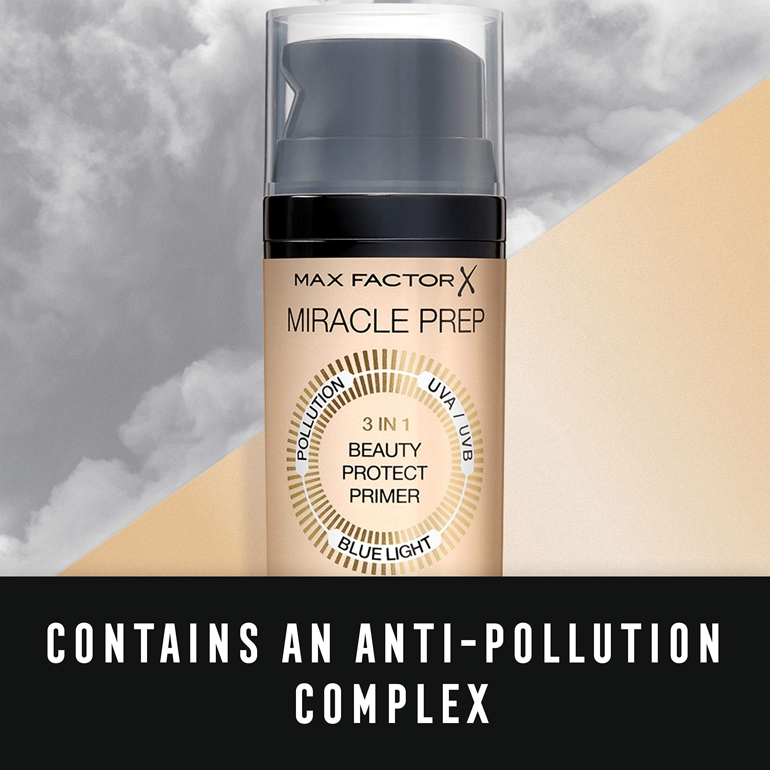 Max Factor Miracle Prep primer SPF 30 bottle with anti-pollution complex for skin protection