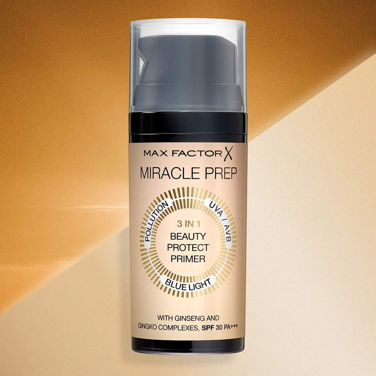 Max Factor Miracle Prep primer SPF 30 with ginseng and ginkgo complexes in a beige pump bottle