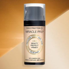 Max Factor Miracle Prep primer SPF 30 with ginseng and ginkgo complexes in a beige pump bottle