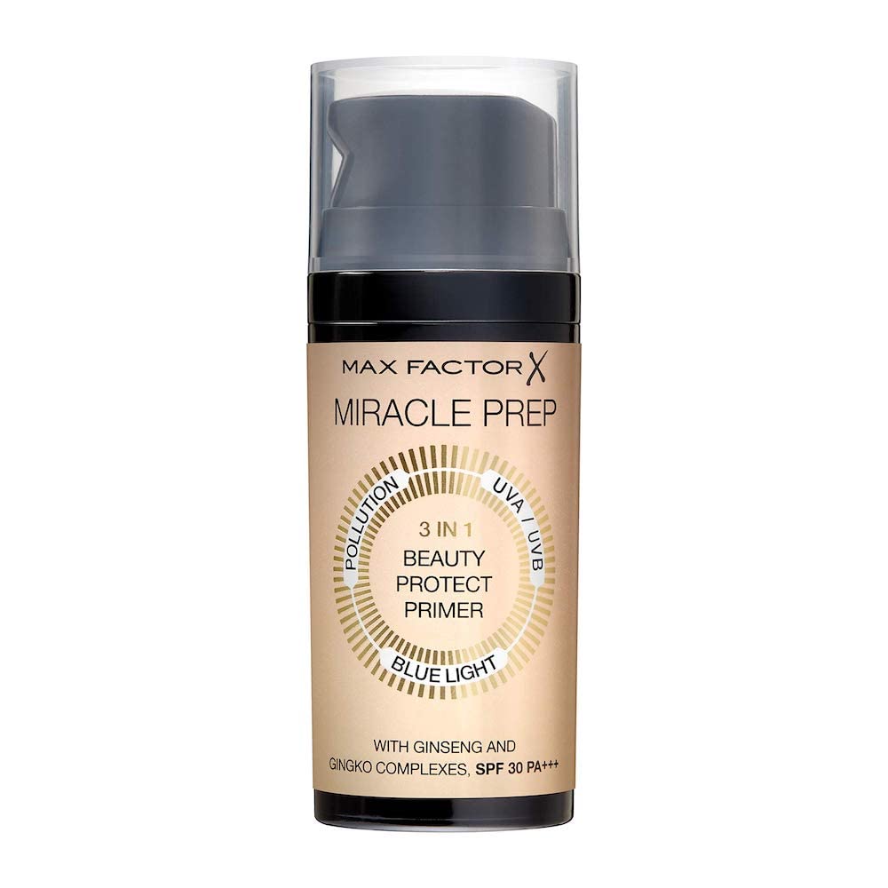 Max Factor Miracle Prep primer SPF 30 bottle with 3 in 1 beauty protect formula and pump dispenser